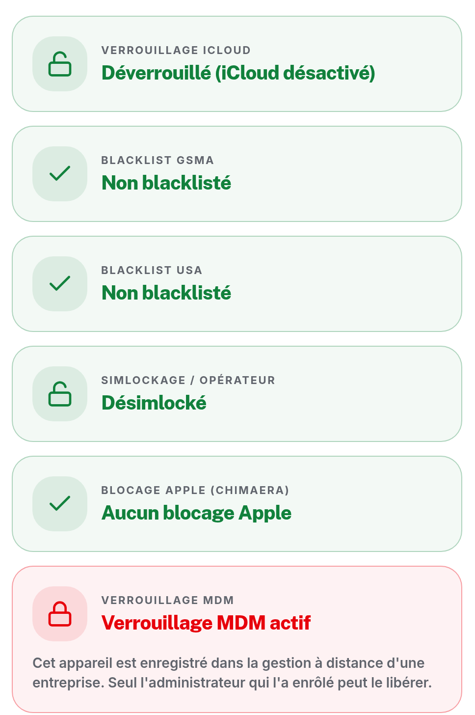 Rapport Kelpom Smart : verrouillage iCloud, blacklist GSMA, blacklist USA, simlockage et blocage Apple (Chimaera) au vert, verrouillage MDM actif en rouge