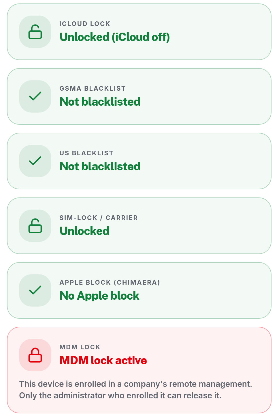 Kelpom Smart report: iCloud lock, GSMA blacklist, US blacklist, SIM-lock and Apple block (Chimaera) all green, MDM lock active in red